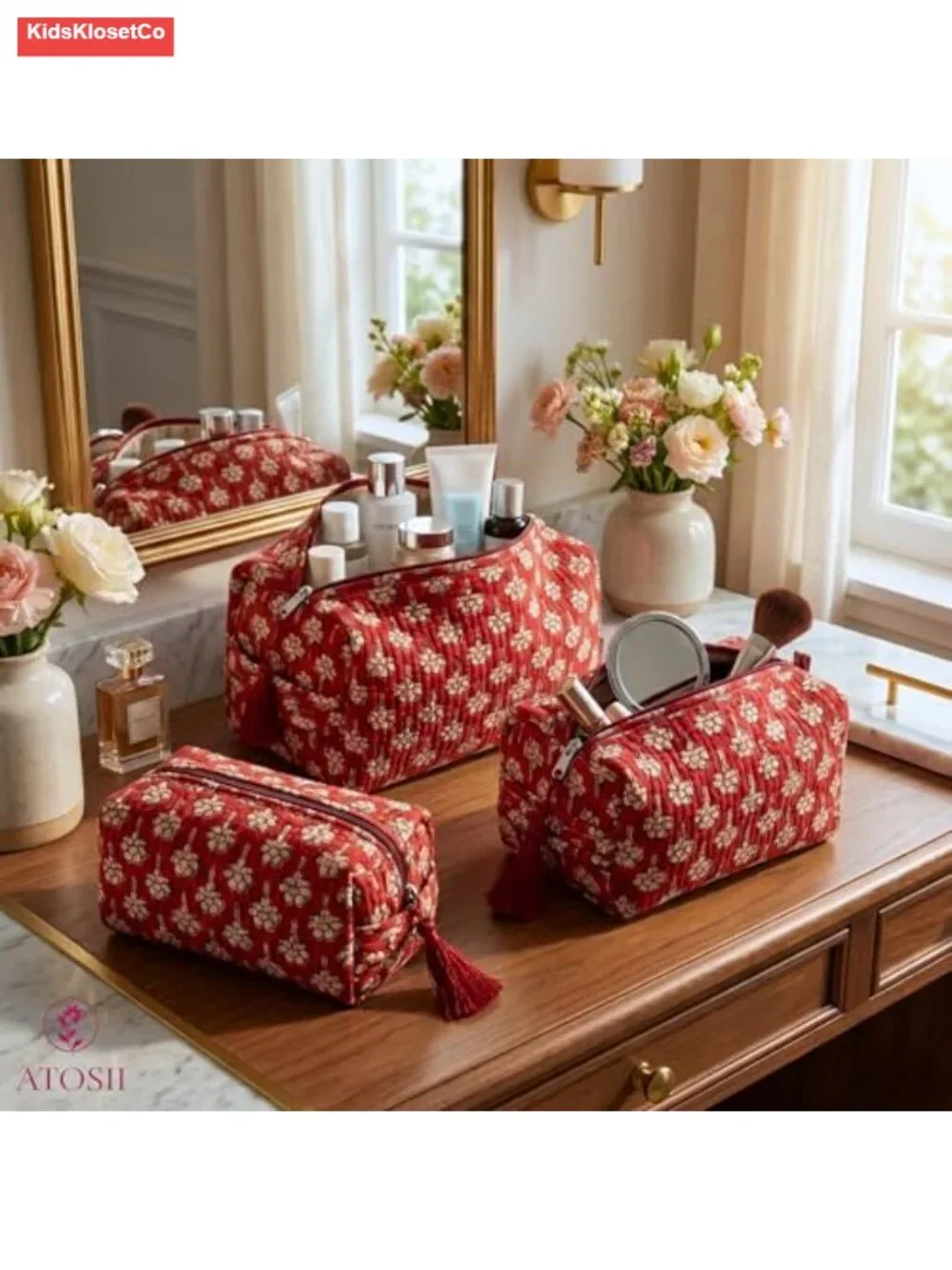 3-Piece Quilted Cotton Waterproof Toiletry Bag Set with Block Print Design for